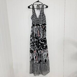 Lane Bryant Halter Maxi Dress Size 22 Black White Floral Dots Abstract Tie Back